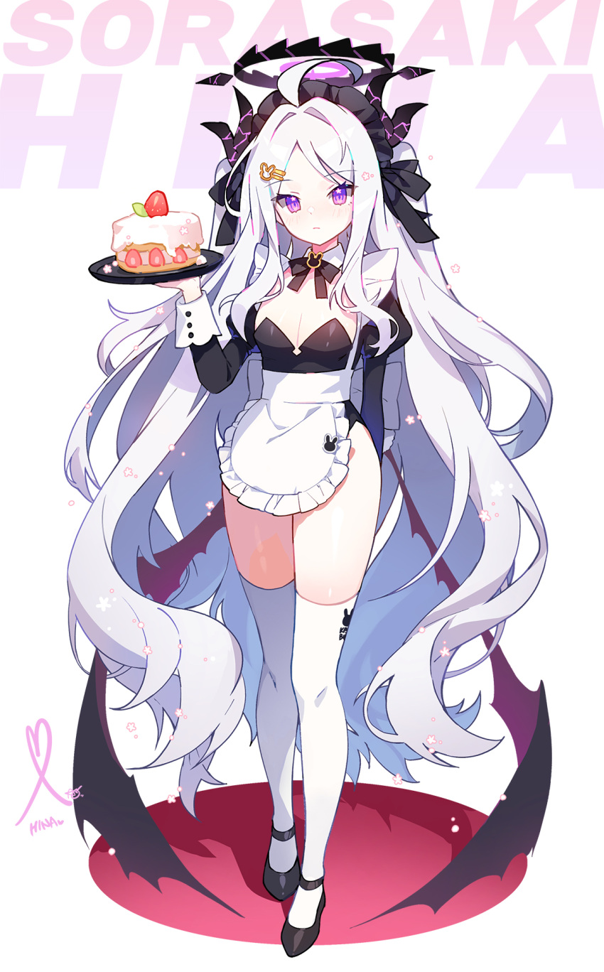 1girl ahoge alternate_costume apple_caramel apron black_footwear black_horns black_wings blue_archive blush breasts cake character_name closed_mouth demon_horns demon_wings enmaided food frilled_apron frills full_body halo highres hina_(blue_archive) holding holding_tray horns juliet_sleeves long_hair long_sleeves looking_at_viewer maid maid_apron maid_headdress multiple_horns parted_bangs puffy_sleeves purple_eyes shoes small_breasts solo thighhighs tray very_long_hair white_apron white_hair white_thighhighs wings