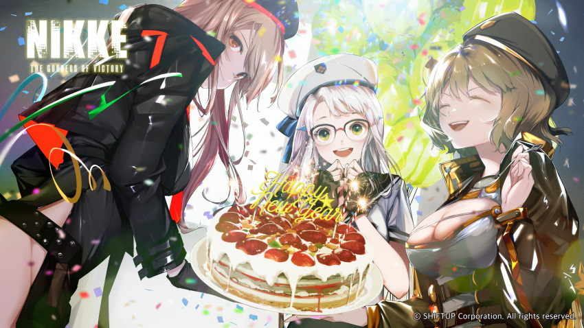 3girls absurdres anis_(nikke) beret black_gloves black_headwear black_jacket black_leotard black_thighhighs blue_neckerchief breasts brown_hair cake collared_leotard cropped_jacket fingerless_gloves food glasses gloves goddess_of_victory:_nikke green_eyes grey_shirt hat highres holding holding_cake holding_food jacket large_breasts leotard light_blush long_hair multiple_girls neckerchief necktie neon_(nikke) official_art orange_eyes rapi_(nikke) red_necktie sailor shiomi_(lowrise) shirt short_hair thighhighs two-tone_gloves white_hair white_headwear