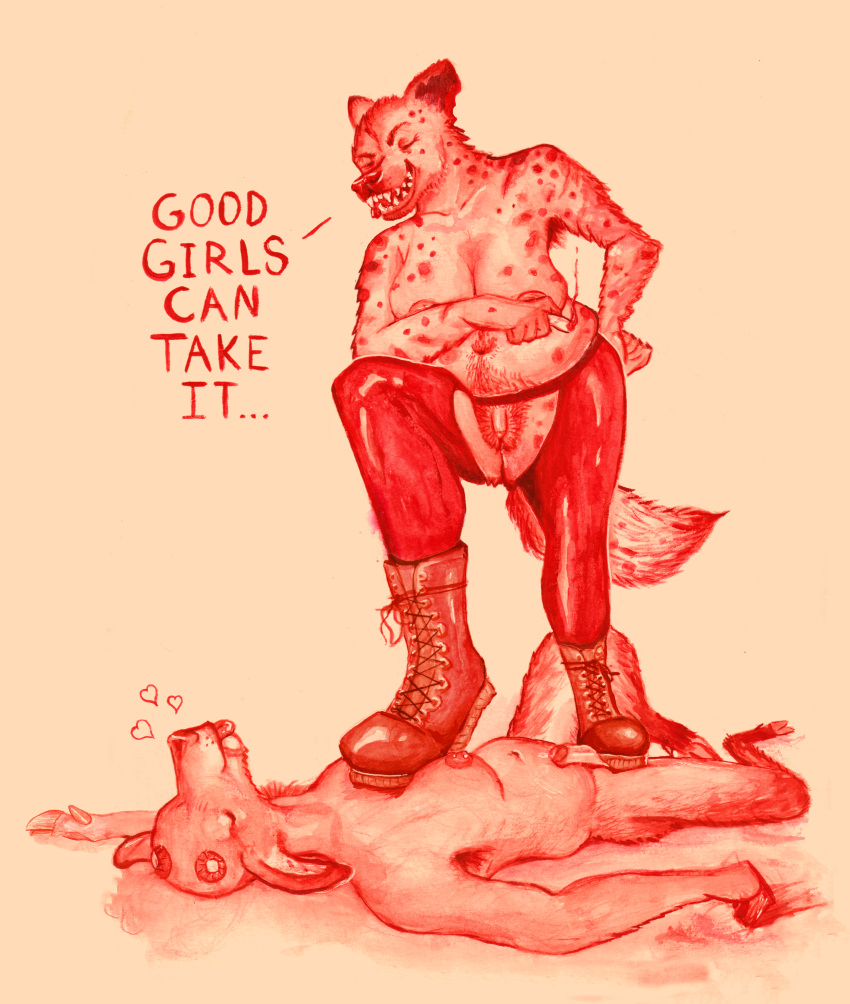 &lt;3 absurd_res ambiguous_gender animal_genitalia anthro armpit_hair belly big_belly bite_mark body_hair boot_worship boots breasts chaps clothing crush deer degradation digitigrade drgoatgorlphd duo fluffy fluffy_tail foot_fetish foot_on_penis foot_play footwear genitals good_girl hi_res hooves hyena laugh leather mammal mocking monochrome painting_(artwork) penis pseudo-penis pubes shed_antlers shoelaces smoking spots spotted_hyena stepped_on tail teeth tongue traditional_media_(artwork) trampling trans_(lore) underhoof watercolor_(artwork)