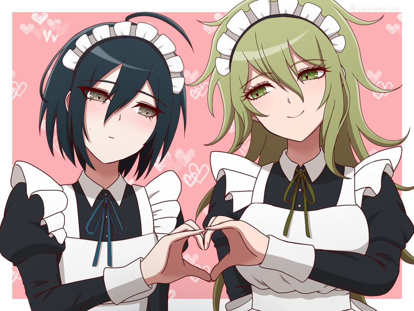 2girls ahoge amami_rantarou apron black_dress black_hair border breasts closed_mouth collared_dress danganronpa_(series) danganronpa_v3:_killing_harmony dress earrings genderswap genderswap_(mtf) green_hair green_ribbon hair_between_eyes heart heart_hands heart_hands_duo highres jewelry juliet_sleeves large_breasts long_hair long_sleeves maid_apron maid_headdress messy_hair multiple_girls neck_ribbon pink_background puffy_sleeves ribbon saihara_shuuichi smile suiren_yurei upper_body white_apron white_border