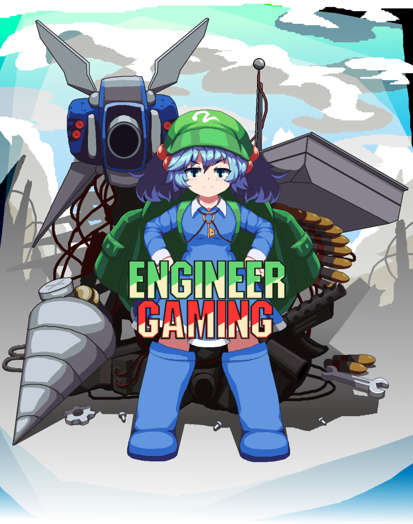 1girl absurdres backpack bag blue_dress blue_eyes blue_footwear blue_hair blush boots breasts bullet closed_mouth collared_dress commentary dress einzeilhandery english_commentary flat_cap full_body gears green_headwear hair_bobbles hair_ornament hat highres jewelry kawashiro_nitori key_necklace knee_boots long_sleeves looking_at_viewer medium_bangs necklace pixel_art rubber_boots screw sentry short_hair short_twintails small_breasts smile solo standing team_fortress_2 touhou twintails wrench