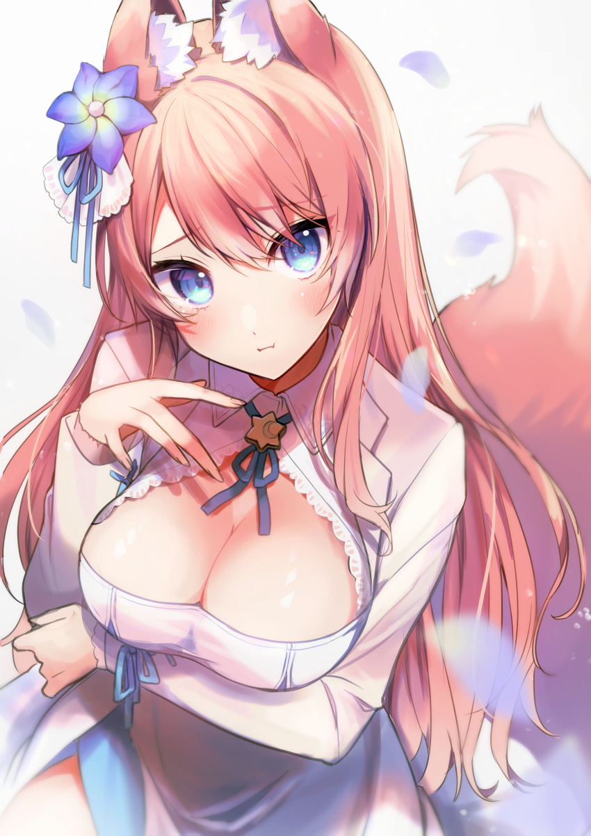 1girl absurdres animal_ear_fluff animal_ears arm_under_breasts blue_eyes blue_flower blue_ribbon breasts cleavage cleavage_cutout clothing_cutout cropped_jacket dress flower hair_flower hair_ornament highres hizuki_rurufu jacket large_breasts long_hair looking_at_viewer petals pink_hair pink_tail pout ribbon shinomiya_shino_(sinosino141) snack_nili solo tail very_long_hair virtual_youtuber white_dress white_jacket wolf_ears wolf_girl wolf_tail