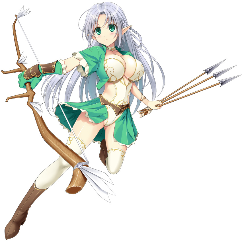 1girl absurdres arrow_(projectile) boots bow_(weapon) braid breasts brown_footwear cleavage commentary_request full_body gloves green_eyes green_jacket grey_hair highres holding holding_arrow holding_bow_(weapon) holding_weapon jacket large_breasts leotard long_hair original pointy_ears side_braid single_glove solo thighhighs toma_(asagayatei) weapon white_leotard