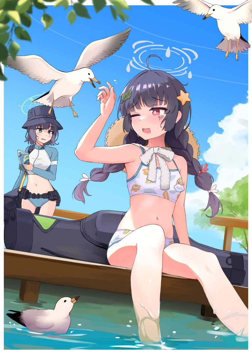 2girls absurdres belt bikini bikini_bottom_only bird black_hair blue_archive blue_bikini blue_sky braid breasts bright_pupils bucket_hat choker cloud commentary_request cropped_jacket day frilled_ribbon frills green_halo grey_halo hair_ornament halo hand_up hat hat_behind_back highres holding holding_map jacket kuroliu_9021 leaf leaf_on_head leaf_print long_hair long_sleeves looking_at_another map medium_breasts miyu_(blue_archive) miyu_(swimsuit)_(blue_archive) multicolored_clothes multicolored_jacket multiple_girls navel official_alternate_costume one_eye_closed open_mouth outdoors print_bikini purple_hair red_eyes ribbon ribbon_choker saki_(blue_archive) saki_(swimsuit)_(blue_archive) seagull sitting sky small_breasts soaking_feet standing star_(symbol) star_hair_ornament straw_hat sweat swimsuit tree twin_braids two-tone_jacket utility_belt weapon_case wet white_bikini white_pupils