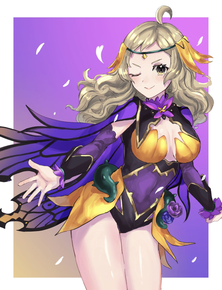 1girl ahoge bare_legs blonde_hair bodystocking breasts cape circlet fire_emblem fire_emblem_fates highres leon0630claude looking_at_viewer medium_breasts ophelia_(fire_emblem) ophelia_(resplendent)_(fire_emblem) pantyhose purple_pantyhose swept_bangs turtleneck