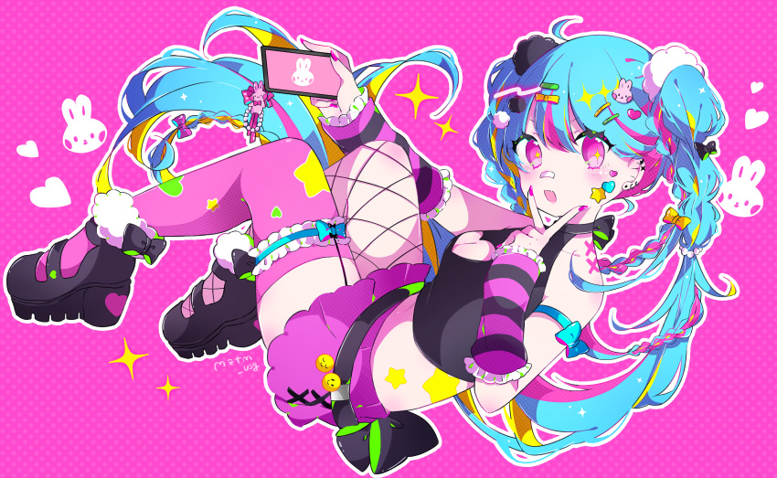 1girl absurdres asymmetrical_legwear bandaid bandaid_on_face bandaid_on_nose belt black_belt black_shirt blonde_hair blue_hair blush braid cellphone cleavage_cutout clothing_cutout crop_top fang fishnets hatsune_miku heart highres holding holding_phone looking_at_viewer miku_day mitau multicolored_hair open_mouth phone pink_background pink_hair pink_nails pink_theme project_sekai purple_eyes purple_skirt rabbit shirt skirt smile solo symbol-shaped_pupils tattoo twin_braids v vocaloid what's_up?_pop!_(vocaloid)