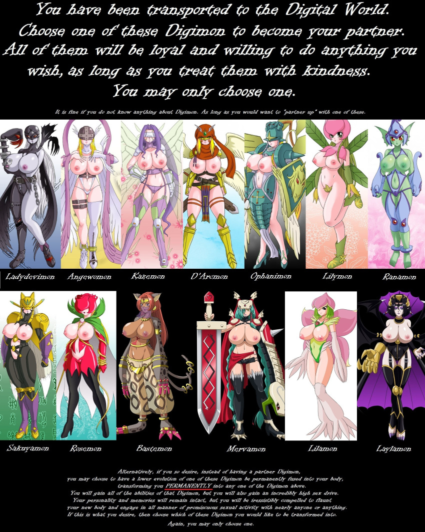 absurd_res angewomon bandai_namco beastmon big_breasts breasts covered_eyes d'arcmon digimon digimon_(species) english_text exposed_breasts feathered_wings feathers female flower_(anatomy) glamour_works group hi_res huge_breasts humanoid insect_wings kazemon ladydevimon lilamon lilithmon lillymon melee_weapon membrane_(anatomy) membranous_wings mervamon ophanimon ranamon rosemon sakuyamon sword text weapon wings