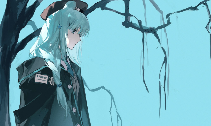 1girl animal_ears aqua_background aqua_hair arknights bare_tree bear_ears bear_girl black_headwear black_jacket closed_mouth expressionless from_side green_eyes hair_ornament highres istina_(arknights) jacket long_hair monocle necktie pe902 solo star_(symbol) star_hair_ornament tree upper_body