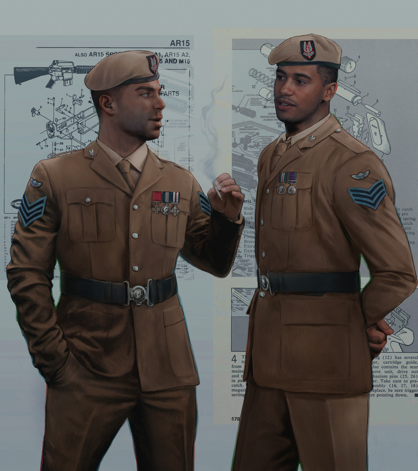 2boys arms_behind_back black_hair brown_jacket brown_pants call_of_duty call_of_duty:_modern_warfare_2 cigarette collared_shirt dark-skinned_male dark_skin facial_hair gaz_(call_of_duty_4) hand_in_pocket hat highres holding holding_cigarette jacket looking_at_another makenzie_polkas male_focus military military_hat military_uniform multiple_boys necktie pants realistic shirt short_hair soap_(modern_warfare_2) uniform white_shirt