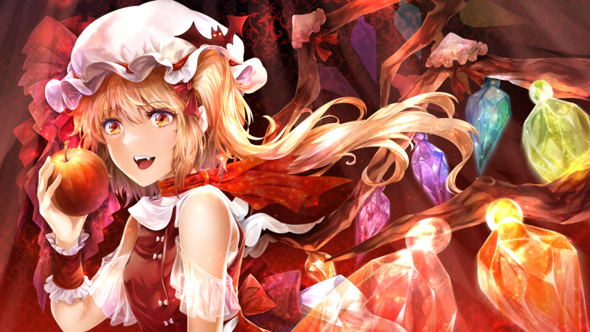 1girl alternate_costume apple arkatopia bare_shoulders bat_ornament blonde_hair bonnet bow crystal eyelashes fangs flandre_scarlet food fruit hand_up hat hat_bow highres holding holding_food open_mouth orange_eyes pointy_ears scarf side_ponytail solo touhou upper_body wings wrist_cuffs