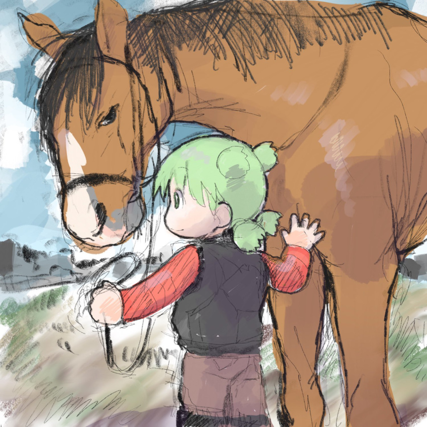 1:1 ambiguous_gender bridle child clothed clothing dayohiko duo equid equine female feral hi_res horse human mammal yotsuba_koiwai yotsubato! young