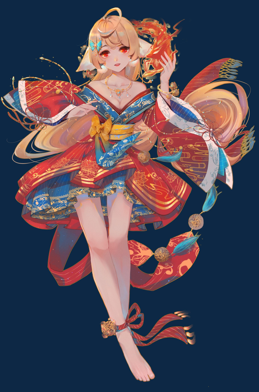 1girl absurdres ahoge animal_ears ankle_ribbon bare_legs bare_shoulders barefoot blonde_hair blue_background blue_butterfly bow bracelet breasts bug butterfly butterfly_hair_ornament chinese_clothes cleavage cloud_print crossed_legs dress dress_bow ears_down fire floating_hair floral_print fox_ears full_body grin hair_ornament hands_up hanfu highres huyao_xiao_hongniang jewelry layered_dress leg_ribbon long_hair long_sleeves looking_at_viewer necklace off-shoulder_dress off_shoulder pyrokinesis red_dress red_eyes red_ribbon ribbon short_dress smile solo standing tushan_honghong very_long_hair watson_cross wide_sleeves yellow_bow yi_er_san