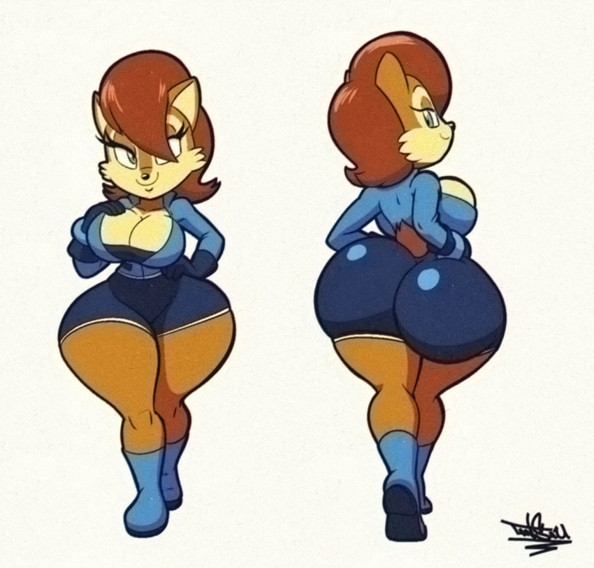 2023 anthro archie_comics big_butt bottomwear breasts brown_hair butt chipmunk cleavage clothed clothing female ground_squirrel hair huge_butt mammal rodent sally_acorn sciurid sega shorts solo sonic_the_hedgehog_(archie) sonic_the_hedgehog_(comics) sonic_the_hedgehog_(series) tansau thick_thighs