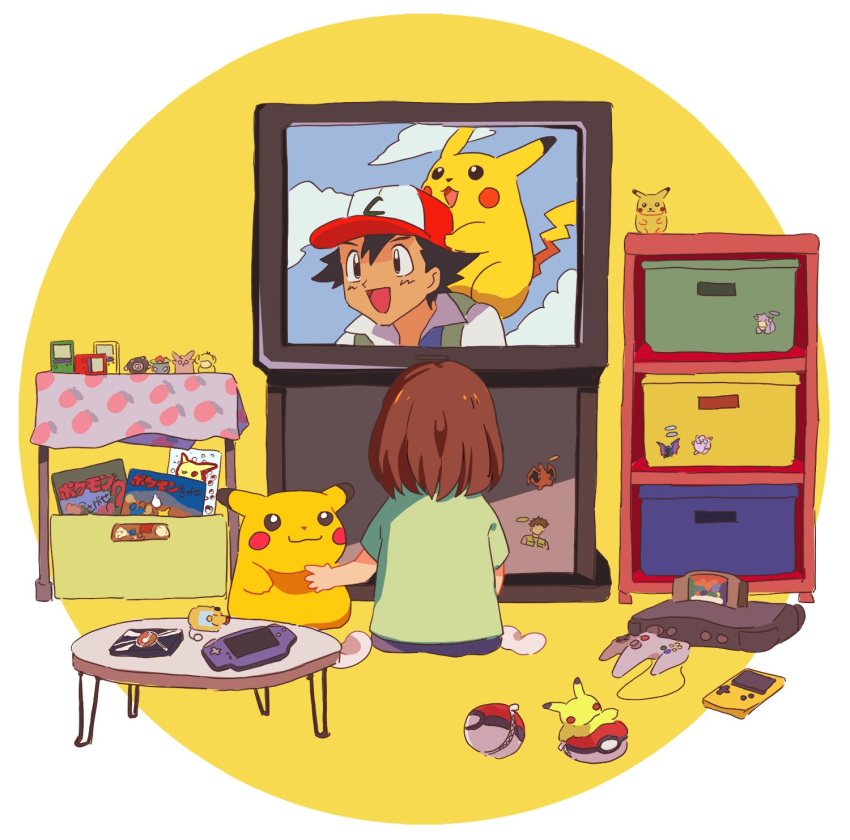 1girl ash_ketchum black_hair brock_(pokemon) charizard circle cloud cloudy_sky controller female_child food_print game_boy game_boy_advance game_boy_color game_console game_controller golbat handheld_game_console highres nidoking nintendo_64 nintendo_64_controller pikachu pokemon pokemon_(anime) pokemon_(classic_anime) poliwhirl psyduck shelf sitting sky sticker strawberry_print stuffed_animal stuffed_toy table television toki_(pokelun) toy venusaur wigglytuff