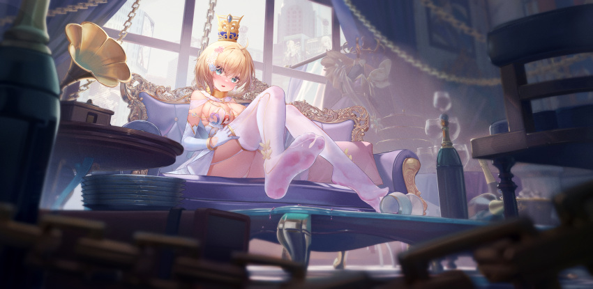 1girl absurdres alwaysissac blonde_hair blue_eyes character_request couch crown desk dress elbow_gloves feet full_body gloves glvoes highres no_shoes pantyhose revealing_clothes short_hair soles strap toes warship_girls_r wet wet_clothes white_pantyhose window