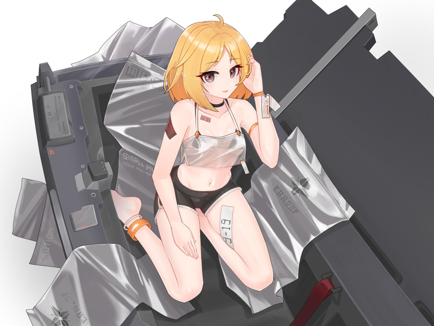 1girl absurdres ahoge anklet armlet awakening_(girls'_frontline_nc) bag barcode black_choker black_shorts blonde_hair brown_eyes choker collarbone commission crop_top girls'_frontline girls'_frontline_neural_cloud hand_in_own_hair hand_on_own_leg highres in_container jewelry looking_at_viewer micro_bra mp40_(girls'_frontline) nabiyan navel non-web_source parted_lips plastic_bag see-through see-through_shirt short_shorts shorts simple_background sitting solo tag wariza