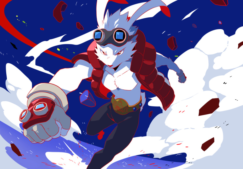 1boy animal_ears belt black_pants dust foreshortening furry furry_male gloves goggles goggles_on_head grey_gloves king_kazma pants pectorals punching rabbit_boy rabbit_ears rabbit_tail red_vest running sei_(seiryuuden) sleeveless summer_wars tail vest