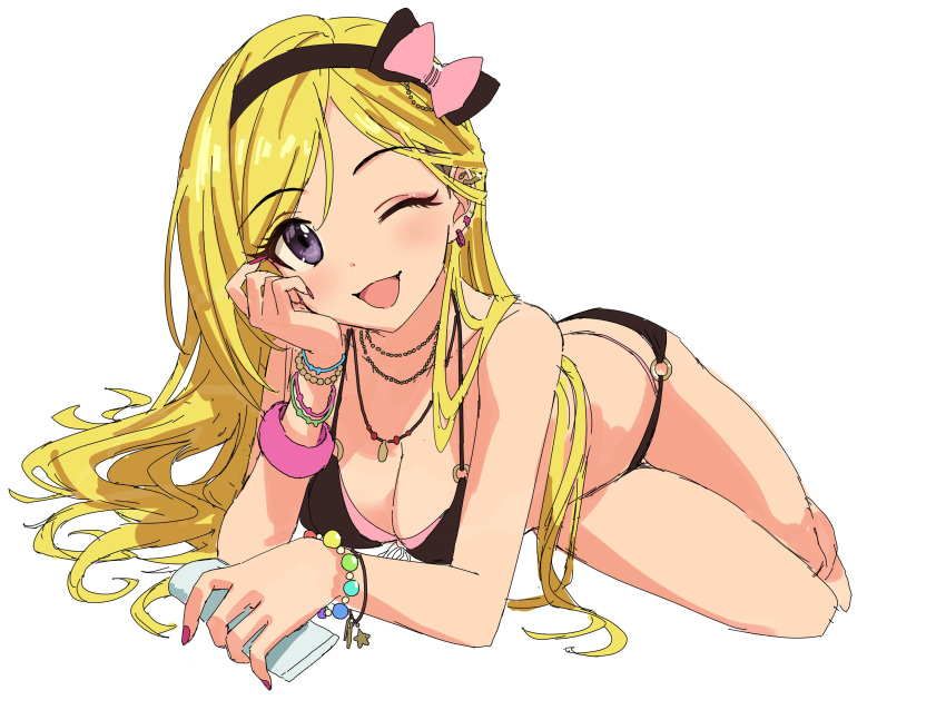 1girl absurdres bare_shoulders bikini black_bikini blonde_hair blush bow_hairband bracelet breasts cleavage ear_bar eyeshadow fujimoto_rina hairband highres idolmaster idolmaster_cinderella_girls jewelry kurume long_hair looking_at_viewer lying makeup medium_breasts o-ring o-ring_bottom o-ring_top on_stomach one_eye_closed open_mouth purple_eyes smile solo swimsuit white_background wristband