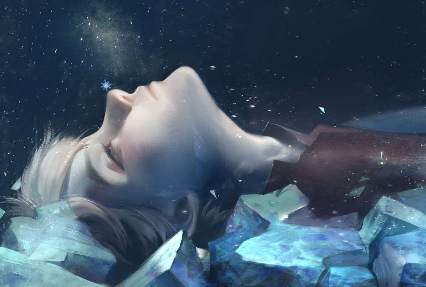 1boy bishounen black_shirt closed_mouth eyelashes grey_eyes highres ice jack_frost_(rise_of_the_guardians) looking_up lying male_focus night night_sky on_back rise_of_the_guardians shirt short_hair sky snowflakes solo star_(sky) tobu_0w0 white_hair winter