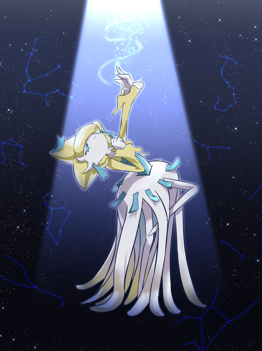 1girl absurdres arm_up aura blonde_hair blue_background clenched_hand closed_eyes closed_mouth colored_skin commentary_request constellation ddingyong from_side full_body fusion gardevoir hair_over_one_eye hand_up happy hat highres jirachi korean_commentary leaning_back leg_up long_sleeves one_eye_covered outline outstretched_arm pokemon pokemon_(creature) short_hair skirt smile solo spotlight standing standing_on_one_leg star_(sky) two-tone_shirt u_u white_skin white_skirt yellow_headwear