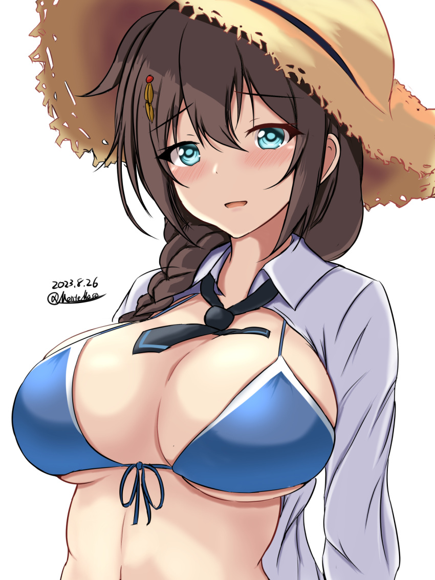 1girl alternate_breast_size bikini black_necktie blue_bikini blue_eyes braid breasts brown_hair collared_shirt dated front-tie_bikini_top front-tie_top hair_between_eyes hair_over_shoulder hat highres kantai_collection large_breasts long_hair looking_at_viewer montemasa necktie official_alternate_costume open_clothes open_mouth open_shirt shigure_(kancolle) shigure_kai_ni_(kancolle) shirt short_necktie single_braid smile solo straw_hat swimsuit twitter_username upper_body white_background white_shirt