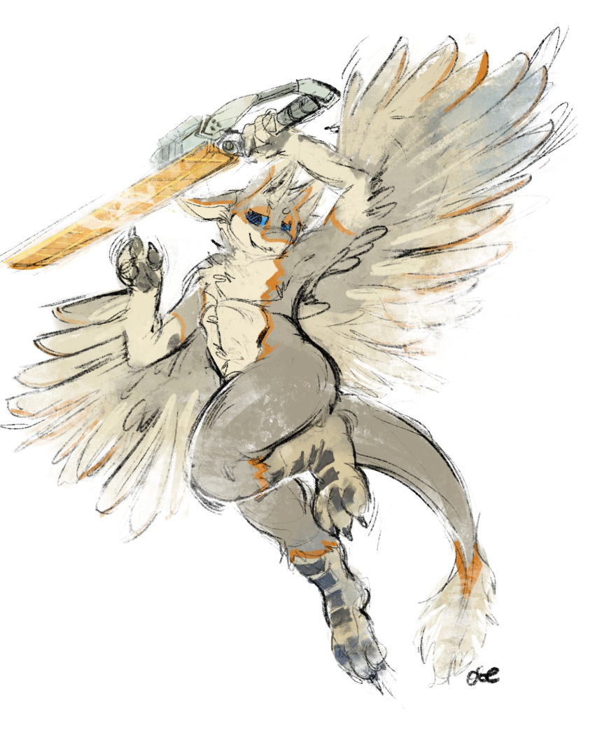 anthro blue_eyes ears_back full-length_portrait grey_body hi_res holding_object holding_sword holding_weapon male melee_weapon narrowed_eyes nude oselotti pivoted_ears portrait signature simple_background smile solo species_request sword weapon white_background winged_arms wings
