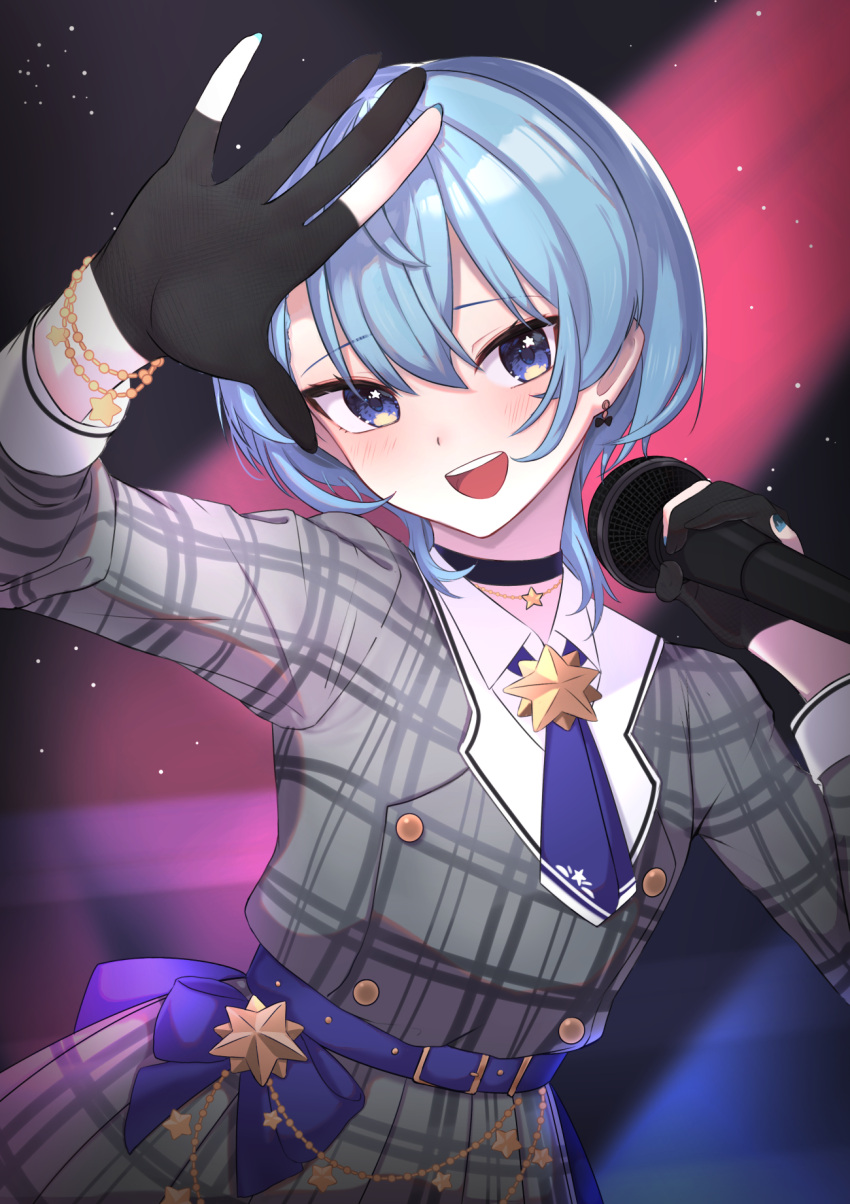 1girl :d arm_up black_choker black_gloves blue_eyes blue_hair blue_nails blush choker collared_shirt commentary_request earrings gloves grey_jacket grey_skirt hair_between_eyes hand_up head_tilt highres holding holding_microphone hololive hoshimachi_suisei jacket jewelry looking_at_viewer microphone nail_polish nanana_narang partially_fingerless_gloves plaid plaid_jacket plaid_skirt shirt skirt smile solo star_(symbol) star_in_eye symbol_in_eye virtual_youtuber white_shirt