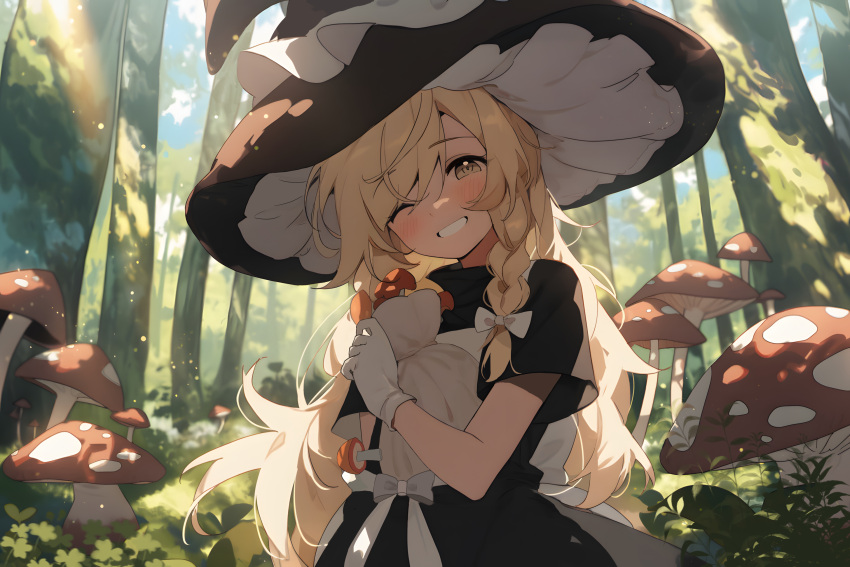 1girl absurdres blonde_hair blush chinese_commentary commentary_request day forest grin hair_ribbon hat highres kirisame_marisa light_particles mushroom nature one_eye_closed outdoors ribbon smile solo swept_bangs teeth touhou tree tress_ribbon uroam witch_hat yellow_eyes