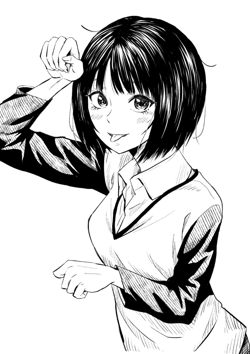 1girl amagami blush bob_cut breasts commentary curled_fingers dress_shirt from_side greyscale hair_strand hatching_(texture) highres long_sleeves looking_at_viewer looking_to_the_side medium_breasts messy_hair monochrome nishijo45 paw_pose shirt short_hair simple_background smile solo sweater tachibana_miya tongue tongue_out two-tone_sweater undershirt upper_body v-neck white_background