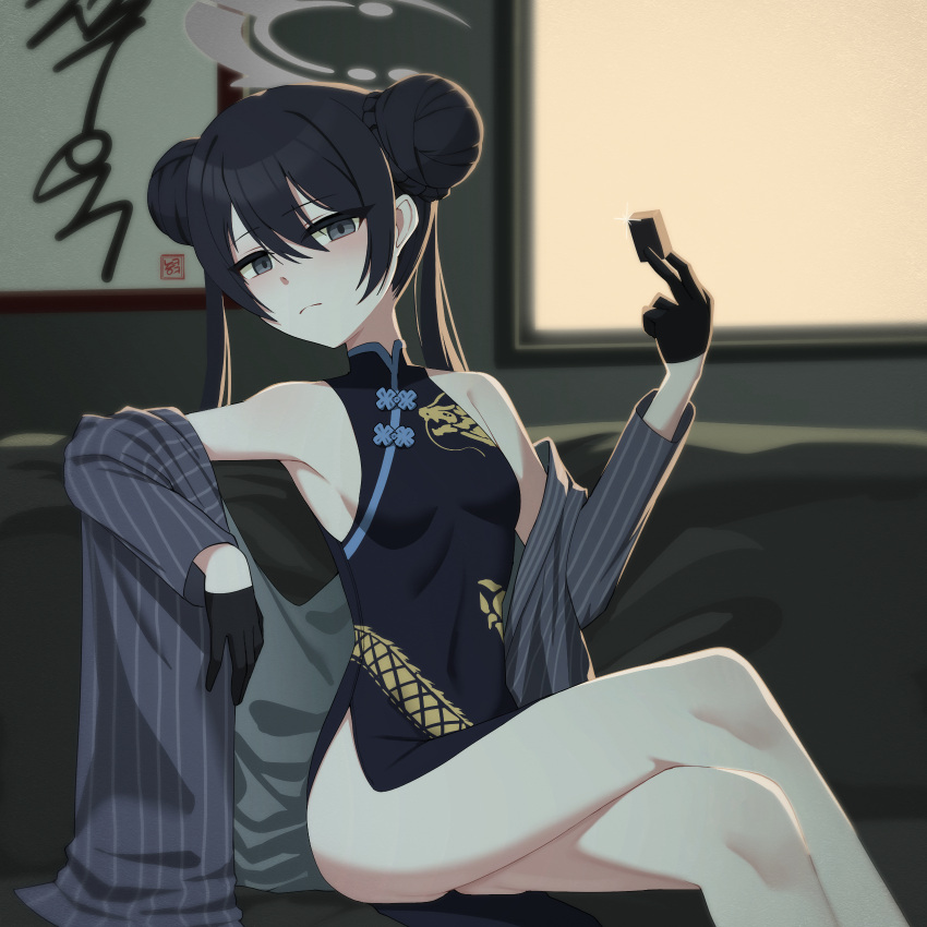 1girl ahoge arm_support armpits ass black_coat black_dress black_eyes black_gloves black_hair blue_archive blurry china_dress chinese_clothes coat commentary_request couch crossed_legs depth_of_field double_bun dress gloves hair_bun half_gloves halo head_tilt highres holding indoors kisaki_(blue_archive) long_hair long_sleeves looking_at_viewer no_panties office open_clothes open_coat side_slit sidelocks sitting sleeveless sleeveless_turtleneck_dress solo tost_(cloi123) twintails whiteboard window