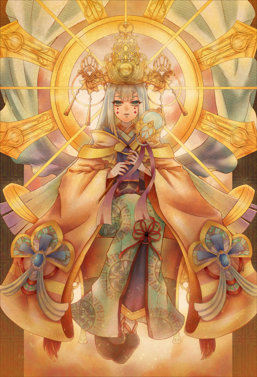 1girl absurdres akari_botan blunt_bangs crown full_body grey_hair hands_up highres long_hair long_sleeves looking_at_viewer open_mouth original scepter sitting solo very_long_hair wide_sleeves