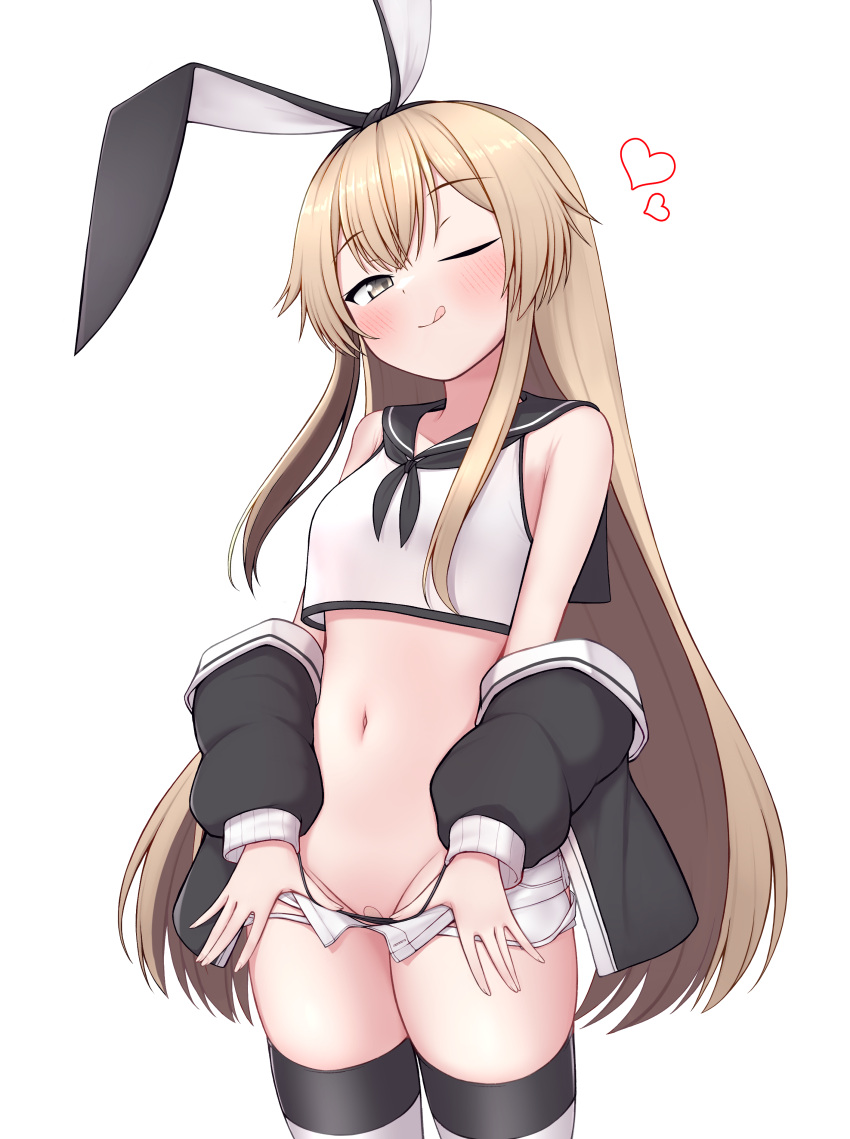 +++ 1girl absurdres black_jacket black_neckerchief black_panties black_sailor_collar blonde_hair blush closed_mouth crop_top hair_between_eyes hairband heart highleg highleg_panties highres jacket kantai_collection long_hair long_sleeves looking_at_viewer micro_shorts neckerchief off_shoulder one_eye_closed open_clothes open_shorts panties sailor_collar shimakaze_(kancolle) short_shorts shorts simple_background sleeveless smug solo striped striped_thighhighs thighhighs tiemu_(man190) tongue tongue_out underwear very_long_hair white_background white_shorts yellow_eyes