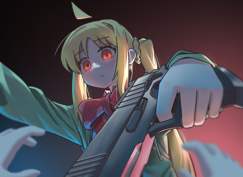 1girl 1other ahoge blonde_hair bocchi_the_rock! bow braid closed_mouth detached_ahoge green_sweater gun handgun highres holding holding_gun holding_weapon ijichi_nijika long_hair myjet orange_eyes red_bow side_ponytail solo_focus sweater weapon