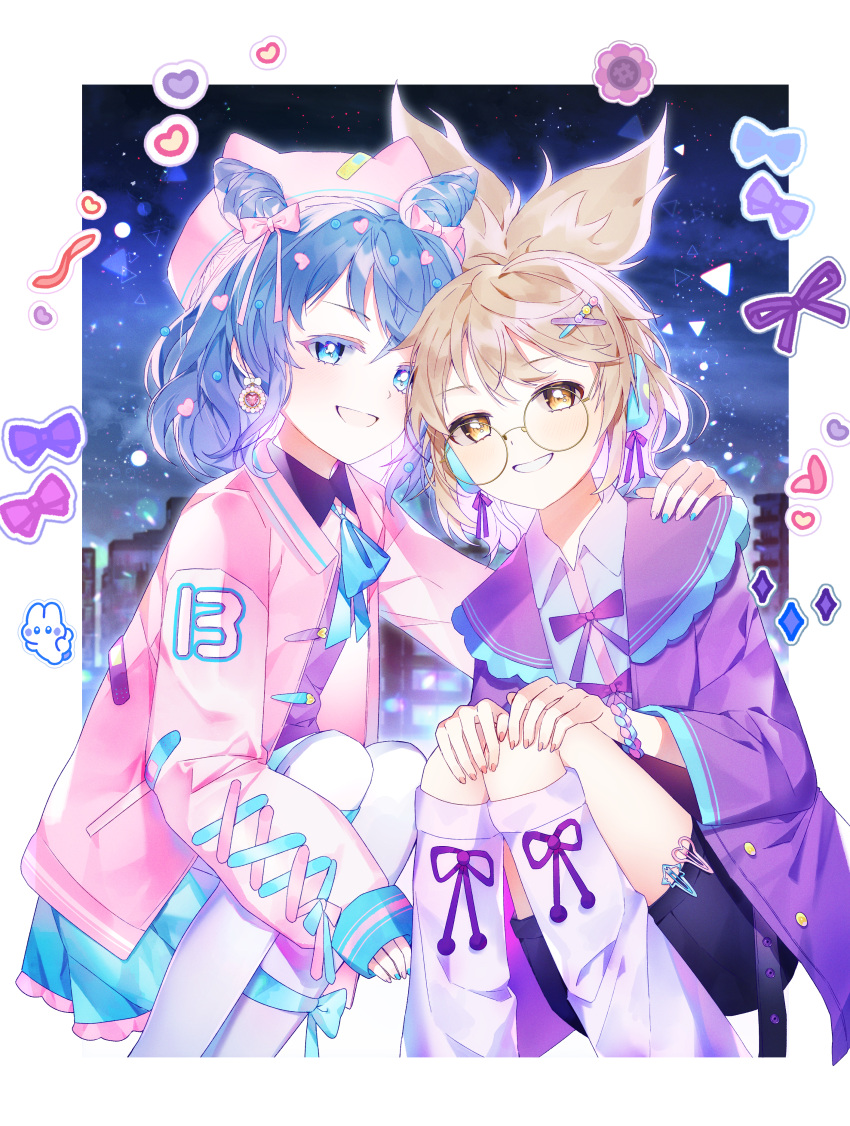 2girls :d absurdres alternate_costume alternate_hairstyle bad_anatomy bespectacled blue_eyes blue_hair blue_nails boots earmuffs glasses grin highres j_(ppxx3543) jewelry kaku_seiga knees_together_feet_apart light_blush multiple_girls nail_polish pointy_hair ribbon round_eyewear smile touhou toyosatomimi_no_miko yuri