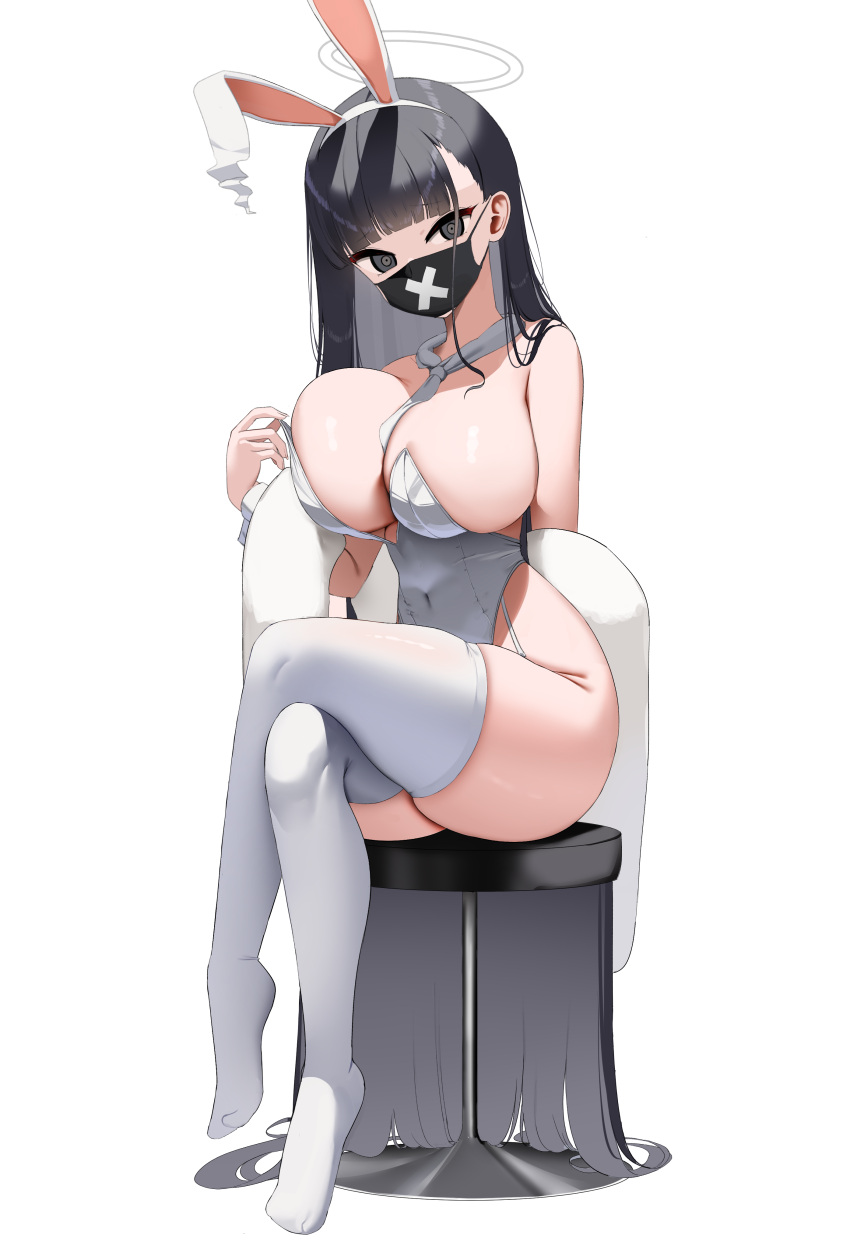 1girl absurdly_long_hair absurdres alternate_costume animal_ears between_breasts black_eyes black_hair blue_archive blunt_bangs breasts commentary covered_navel crossed_legs fake_animal_ears halo highres huge_breasts leotard long_hair mask mouth_mask necktie necktie_between_breasts nicorima playboy_bunny rabbit_ears sideboob sitting solo strapless strapless_leotard sukeban_(smg)_(blue_archive) very_long_hair white_leotard wrist_cuffs