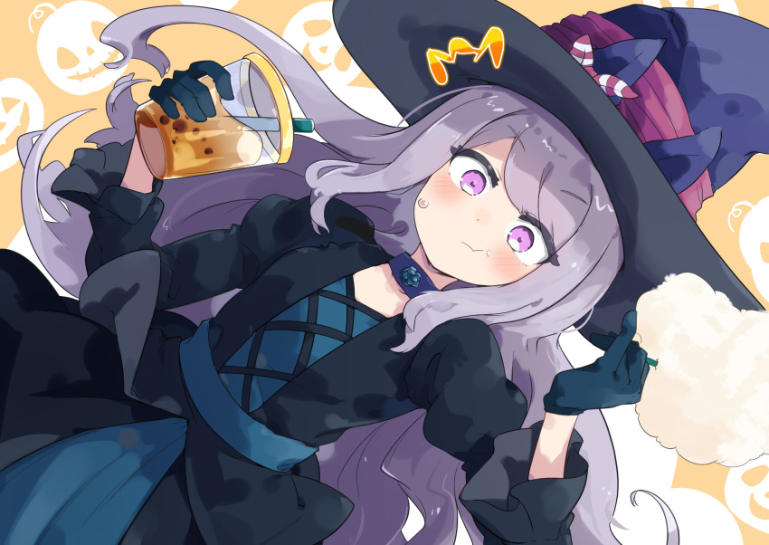 1girl ^^^ black_dress black_gloves blush bubble_tea choker commentary_request cotton_candy dress dutch_angle ears_through_headwear food food_on_face gloves hat highres horse_girl long_hair long_sleeves looking_at_viewer mejiro_mcqueen_(umamusume) orange_background pumpkin_background purple_choker purple_eyes purple_hair solo totomono umamusume witch_hat