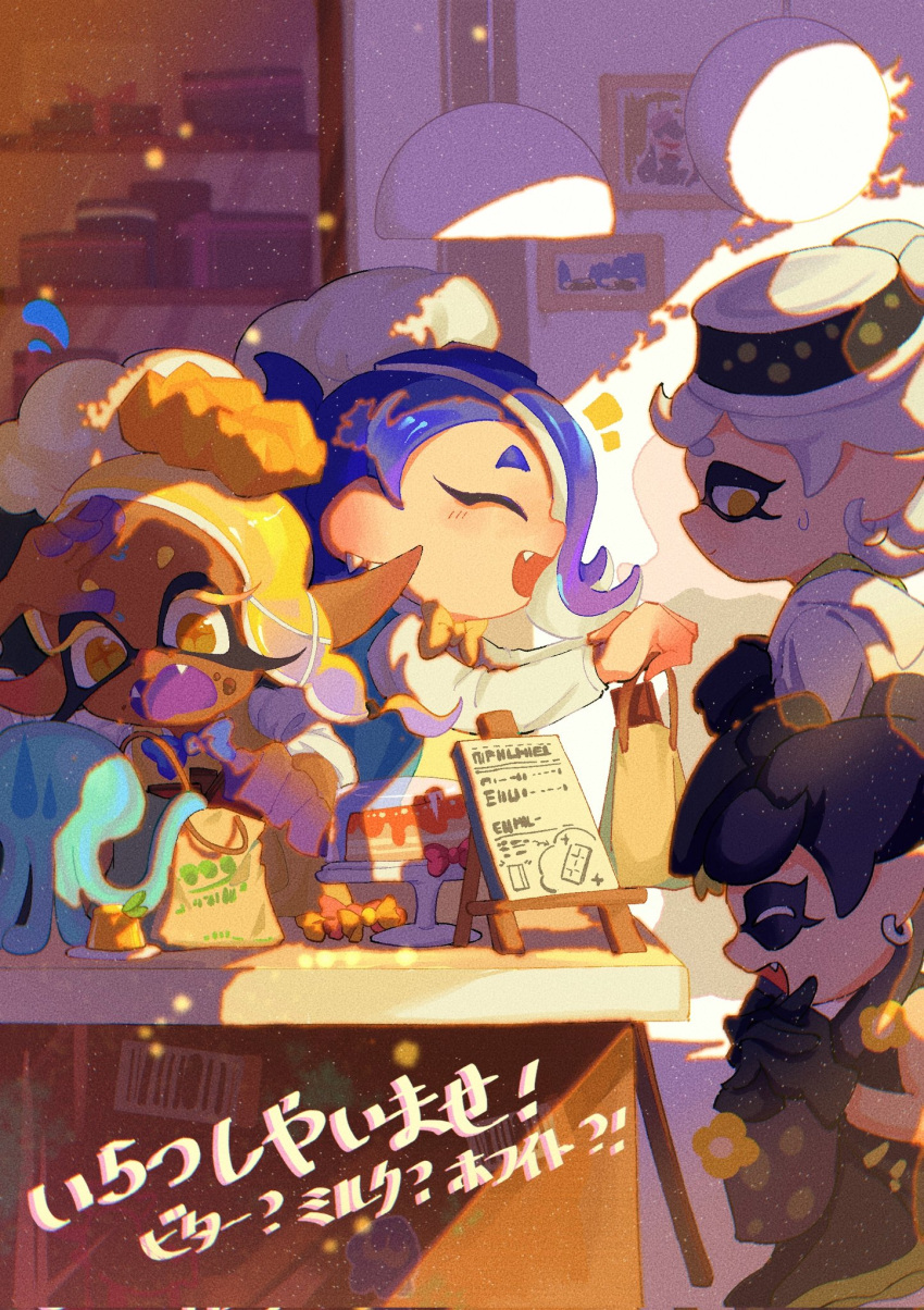 +_+ 4girls :d ^_^ arm_up asymmetrical_hair bag black_gloves black_hair blonde_hair blue_hair blue_vest blurry blurry_background blush bow bowtie cake callie_(splatoon) chef_hat closed_eyes closed_mouth colored_skin colored_tongue commentary_request corrupted_twitter_file counter dark-skinned_female dark_skin earrings expressionless eyelashes fangs food food_on_face forehead frye_(splatoon) gloves gradient_hair grey_hair hair_ornament hair_over_one_eye hands_up hanging_light hat highres holding holding_bag hood hood_down hoodie jellyfish_(splatoon) jewelry light_particles long_sleeves looking_at_another marie_(splatoon) medium_hair menu multicolored_hair multicolored_skin multiple_earrings multiple_girls notice_lines one_eye_covered open_mouth parted_bangs picture_frame plate pointy_ears pudding purple_bow purple_bowtie purple_hair purple_skin purple_tongue red_bow shelf shirt shiver_(splatoon) short_eyebrows sideways_glance smile splatoon_(series) splatoon_3 star-shaped_pupils star_(symbol) sticker sweatdrop symbol-shaped_pupils take_yanzhu tentacle_hair translation_request tray vest white_headwear white_hoodie white_shirt yellow_bow yellow_bowtie yellow_eyes