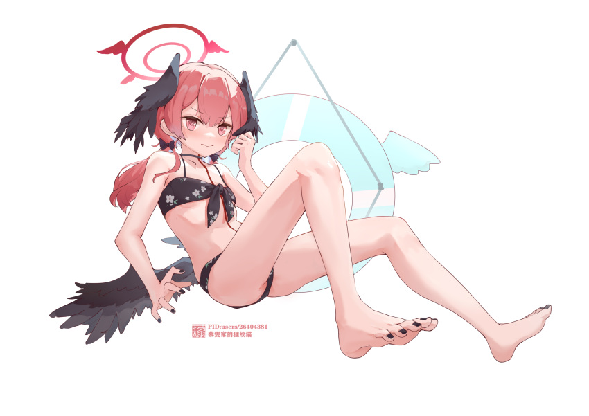 1girl absurdres barefoot bikini black_bikini black_bow black_nails black_wings blue_archive bow breasts closed_mouth feathered_wings floral_print front-tie_bikini_top front-tie_top hair_between_eyes hair_bow halo head_wings highres knees_up koharu_(blue_archive) koharu_(swimsuit)_(blue_archive) liwendala long_hair low_twintails low_wings nail_polish official_alternate_costume pink_eyes pink_hair pink_halo print_bikini simple_background sitting small_breasts soles solo spaghetti_strap swimsuit toenail_polish toenails twintails white_background wings