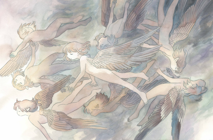 6+girls barefoot brown_hair closed_eyes closed_mouth commentary completely_nude english_commentary feathered_wings flat_chest flying from_side heikala highres medium_hair multiple_girls no_nipples nude original painting_(medium) pointy_ears traditional_media wings