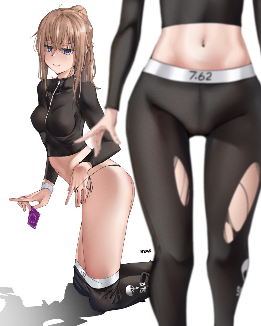 1girl absurdres artist_name ass blonde_hair blurry breasts clothes_pull condom condom_wrapper depth_of_field girls'_frontline highres kneeling long_hair medium_breasts multiple_views navel nym+_(nymplus) panties pants pants_pull ponytail purple_eyes scar-h_(girls'_frontline) side-tie_panties thighs torn_clothes torn_pants underwear watch white_background wristwatch yoga_pants