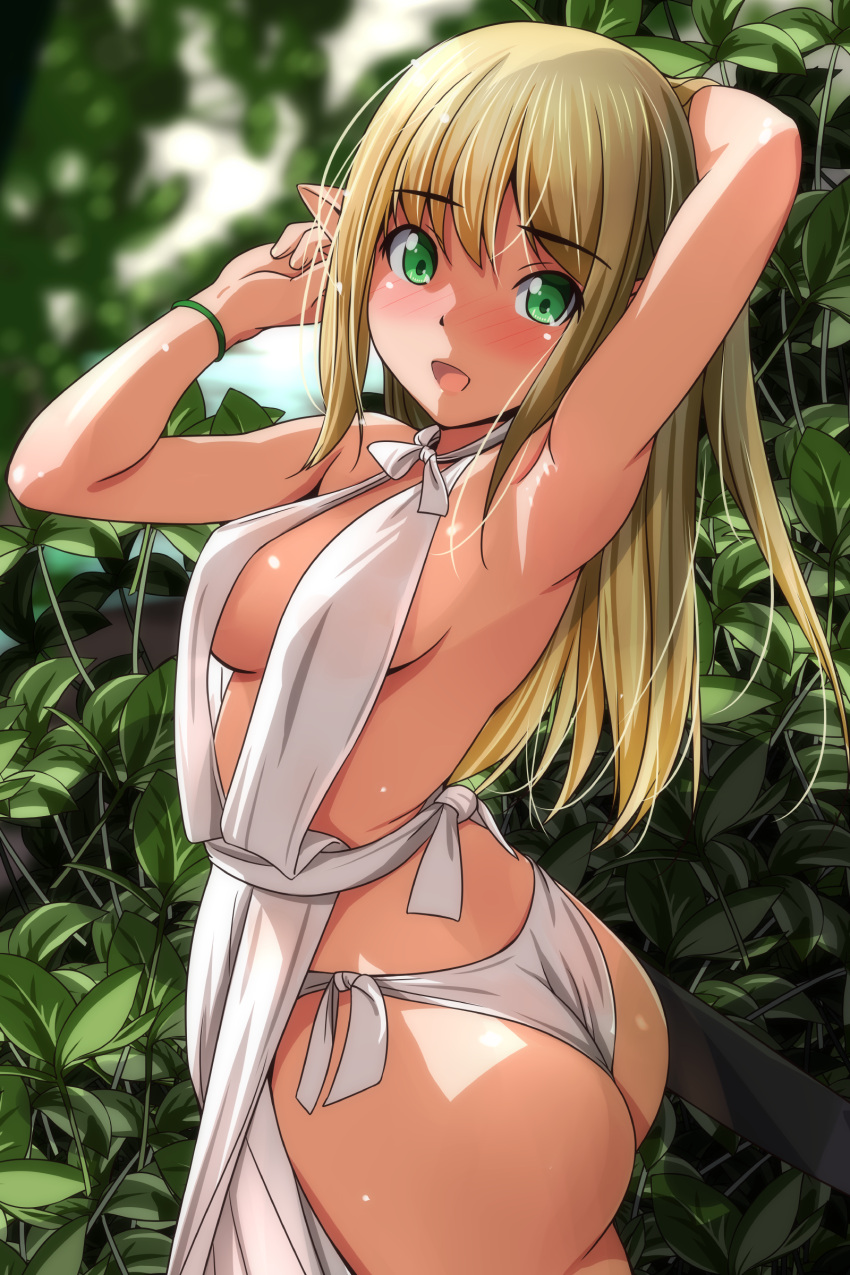 1girl absurdres arm_behind_head armpits arms_up ass blonde_hair blurry blush breasts depth_of_field elf forest green_eyes highres large_breasts loincloth long_hair looking_at_viewer matsunaga_kouyou nature nose_blush open_mouth original outdoors pelvic_curtain pointy_ears smile solo standing vegetation