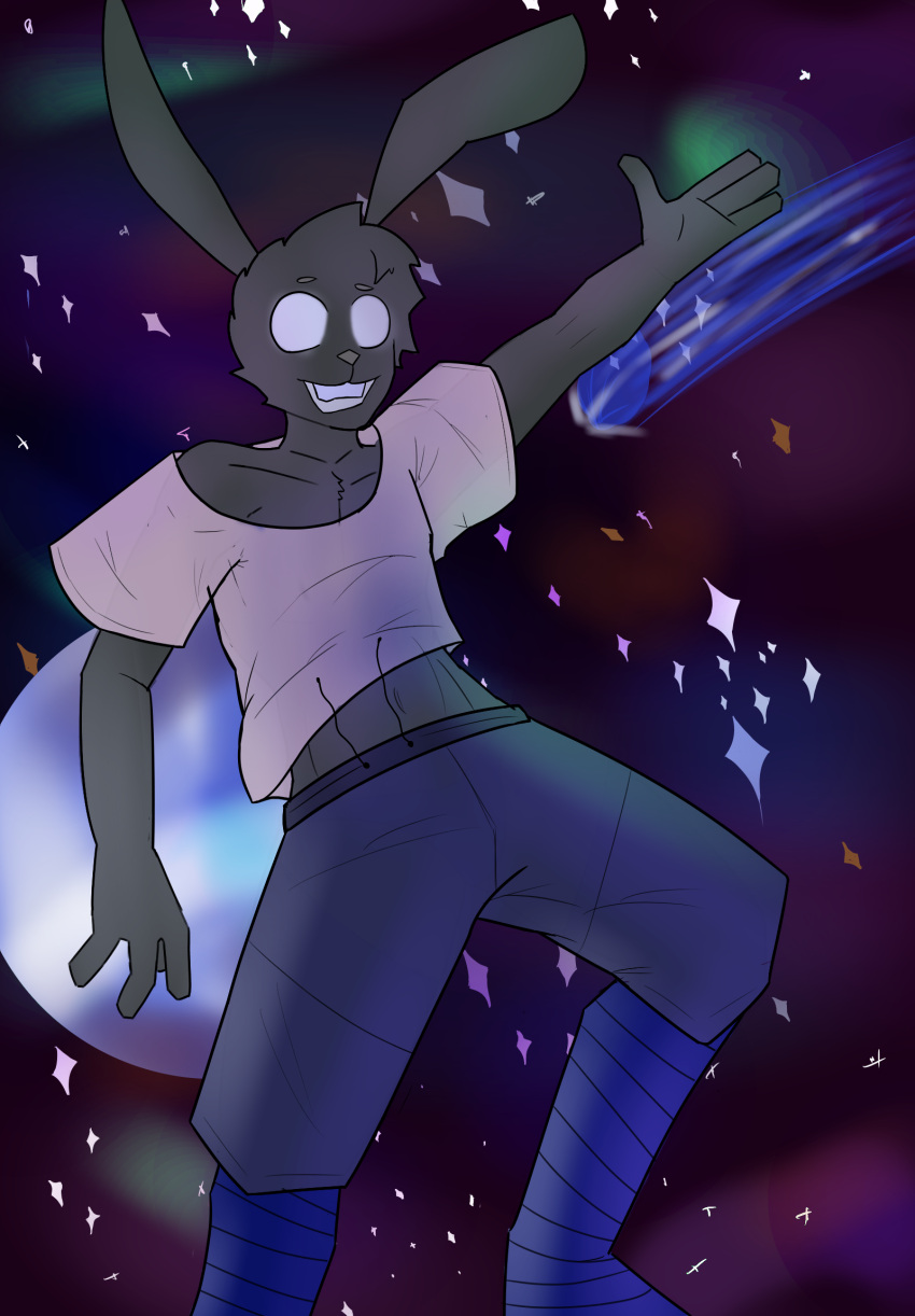 anthro baggy_clothing clothing floating glowing glowing_eyes gradient_background happy hi_res lagomorph legwear leporid male mammal rabbit simple_background solo space teeth_showing thigh_highs