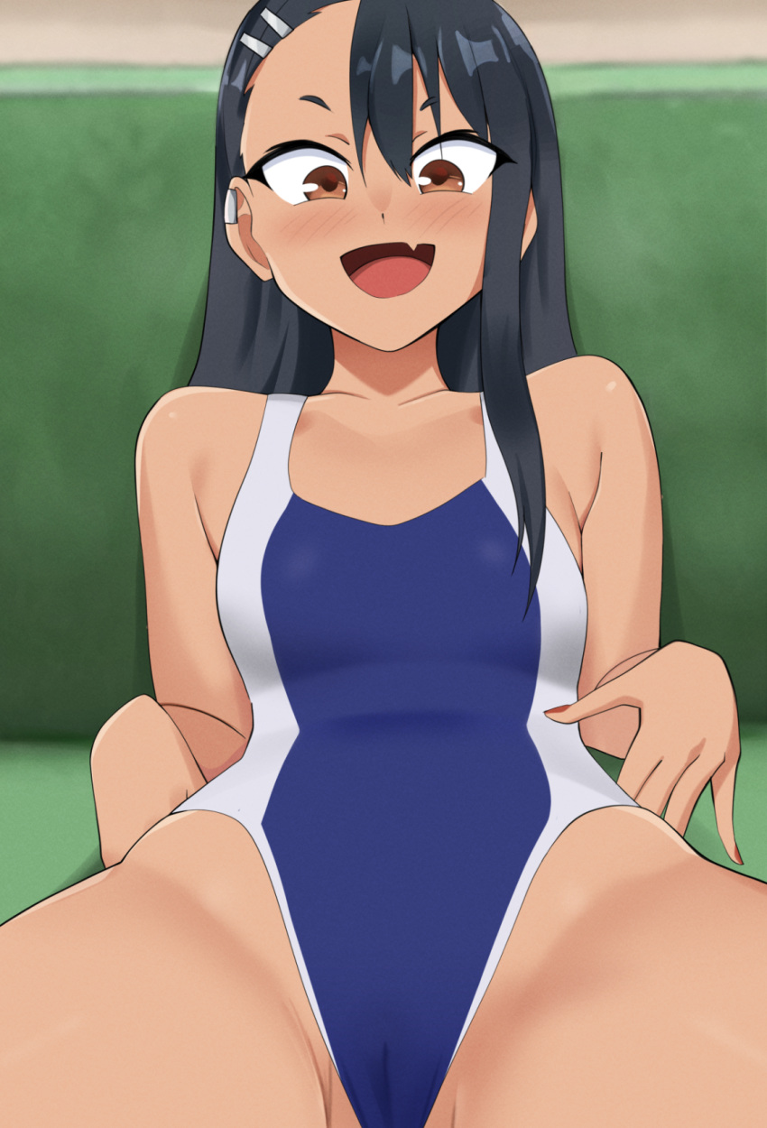 1girl black_hair brown_eyes cameltoe couch eqe_(eqeart) fang hair_ornament hairclip highres ijiranaide_nagatoro-san indoors light_blush long_hair nagatoro_hayase on_couch one-piece_swimsuit open_mouth sitting skin_fang solo swimsuit tan tanlines