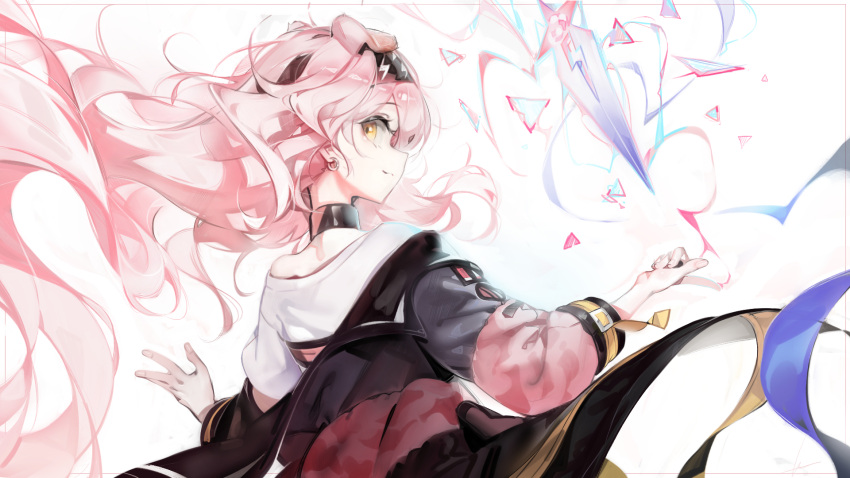 1girl animal_ears arknights bare_shoulders black_hairband blush bow braid cat_ears cat_girl closed_mouth coat earrings electricity electrokinesis floating_hair floppy_ears from_behind goldenglow_(arknights) hair_between_eyes hair_bow hairband highres index_finger_raised infection_monitor_(arknights) jacket jewelry lightning_bolt_print long_hair long_sleeves looking_at_viewer looking_back multicolored_clothes multicolored_jacket off-shoulder_shirt off_shoulder open_clothes pink_coat pink_hair pink_jacket print_hairband raised_eyebrows ribiadan scottish_fold shirt sidelocks simple_background smile solo sparks tail two-tone_jacket upper_body wavy_mouth white_background white_shirt yellow_eyes