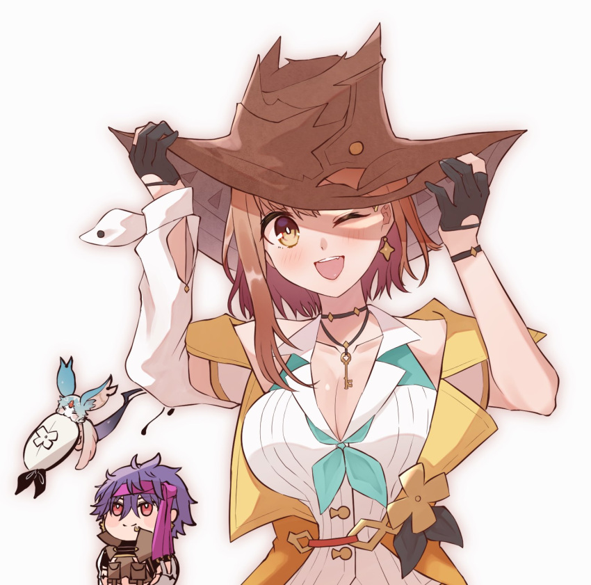 1boy 1girl arms_up atelier_(series) atelier_ryza atelier_ryza_2 black_gloves blue_neckerchief borrowed_clothes bracelet breasts brown_hair brown_headwear chibi cleavage clifford_diswell collared_jacket collared_shirt commentary creature earrings fi_(atelier) gloves hands_on_headwear hat headband highres jacket jewelry kaninoko key_necklace large_breasts looking_up neckerchief necklace one_eye_closed open_mouth pink_headband purple_hair red_eyes reisalin_stout shirt short_hair simple_background single_earring sleeveless sleeveless_shirt smile symbol-only_commentary unworn_hat unworn_headwear upper_body white_background white_shirt yellow_jacket