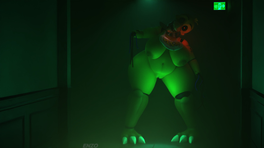 2023 3_toes 3d_(artwork) animatronic anthro areola avian beak belly bib big_breasts bigdogenzo bird blender_(software) breasts chica_(fnaf) chicken chubby_female clothing creepy dark_room digital_media_(artwork) dim_lighting english_text exit_sign feet female five_nights_at_freddy's five_nights_at_freddy's_2 galliform gallus_(genus) genitals hallway hi_res inside looking_at_viewer machine nipples nude open_mouth overweight overweight_female phasianid pussy red_eyes red_light robot scottgames solo standing text thick_thighs toes topwear wide_hips wire withered_chica_(fnaf)