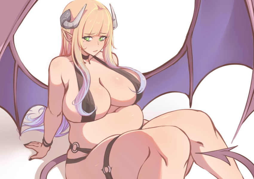 belly big_breasts big_butt blonde_hair breasts butt demon demon_humanoid female green_eyes hair hi_res horn horned_humanoid huge_breasts huge_thighs humanoid looking_aside multicolored_hair navel overweight overweight_female overweight_humanoid pointed_tail purple_hair side_boob sitting solo spellsx thick_thighs winged_humanoid wings