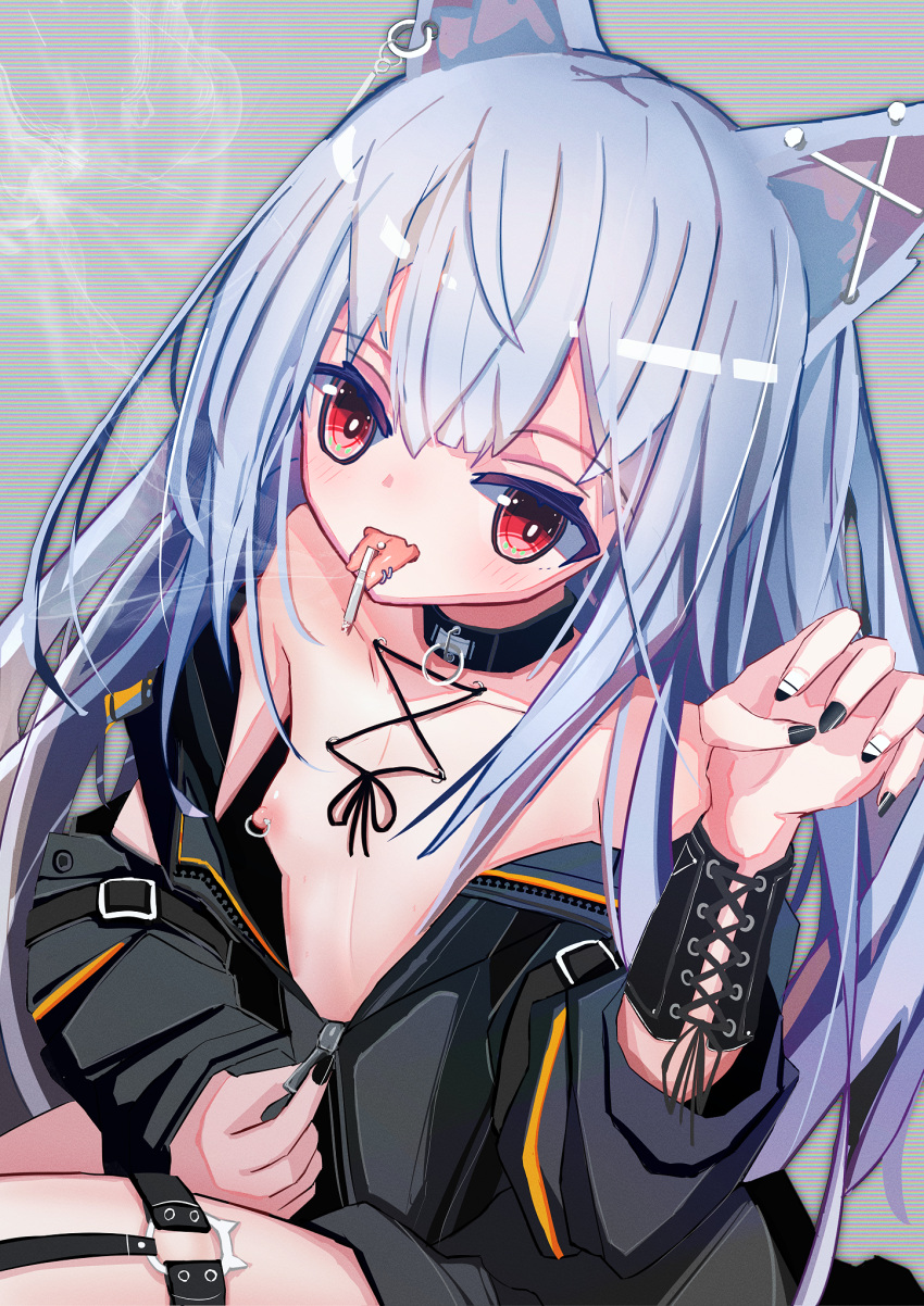 1girl animal_ears belt black_bracelet black_jacket blue_hair breasts collar corset_piercing ear_piercing forked_tongue highres industrial_piercing jacket long_hair multicolored_nails nipple_piercing nipples original partially_unzipped piercing red_eyes sarla sitting small_breasts smoke smoking thigh_belt thigh_strap tongue tongue_out tongue_piercing unzipping