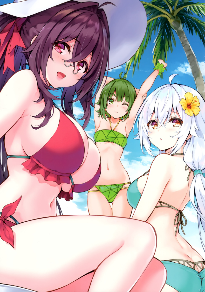 3girls absurdres ahoge arm_up bare_shoulders bikini blue_sky breasts brown_hair cloud cloudy_sky cu-no day flat_chest flower green_eyes green_hair hair_flower hair_ornament hat hibiscus highres hisen_kaede kokonoe_tamaki large_breasts long_hair looking_at_viewer looking_back medium_breasts multiple_girls nonono_futaba one_eye_closed open_mouth outdoors palm_leaf palm_tree rapua_qive red_eyes scan simple_background sitting sky smile sun_hat swimsuit thighs tree white_hair yellow_eyes