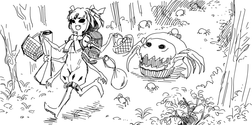 1girl :d arthropod_girl bag basket blanket bug commentary etokakaitari extra_arms extra_eyes fangs following food full_body hair_ribbon high_heels highres holding holding_bag holding_basket holding_blanket monochrome monster monster_girl muffet muffet's_pet open_mouth picnic_basket puffy_pants puffy_short_sleeves puffy_sleeves ribbon scarf sharp_teeth short_hair short_sleeves smile solid_circle_eyes spider spider_girl teeth tree undertale walking